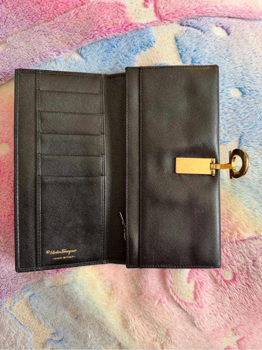 Authentic Ferragamo Black Leather Women's Long Clasp Wallet